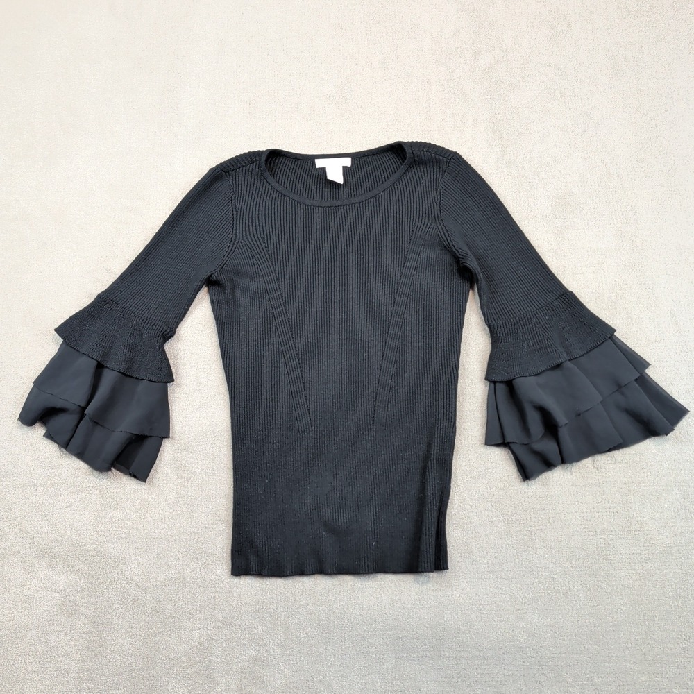 Womens Y2K Goth Bell Sleeve Sweater Black Heavyweight Rib-Knit Tiered Size M